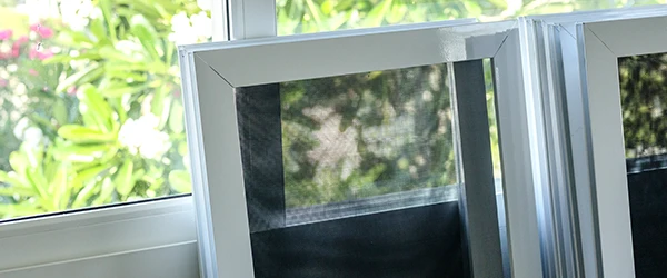 Fenster mit Moskitonetz bespannt zum Schutz vor Insekten.